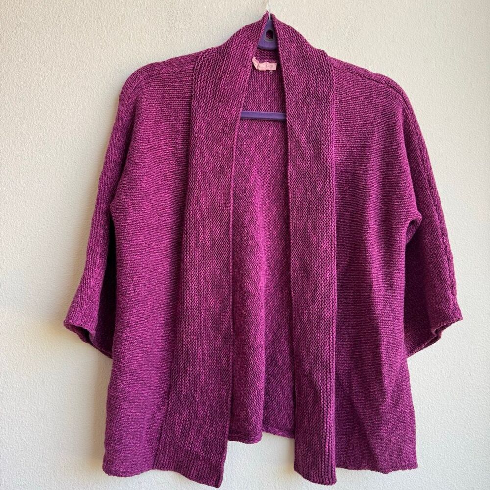 Eileen Fisher 100% Cotton Open Front Purple 1/2 Sleeve Knit Cardigan Size XS